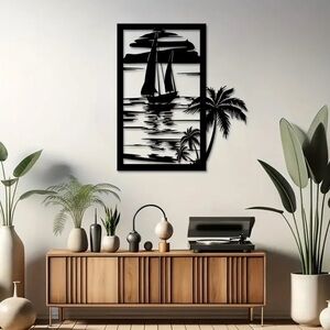 Black Sailboat and Palm Tree Wall Art